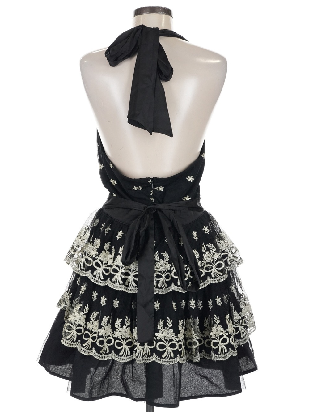 MABLE Black Ivory Embroidered Lace Halter Tiered Ruffle Mini Dress Backless Med. - Picture 2 of 7